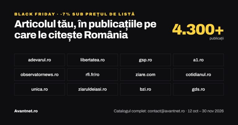 Black Friday 2026: Avantnet.ro oferă magazinelor online articole sponsorizate cu 7% sub prețul de listă, pe peste 4.300 de publicații din România